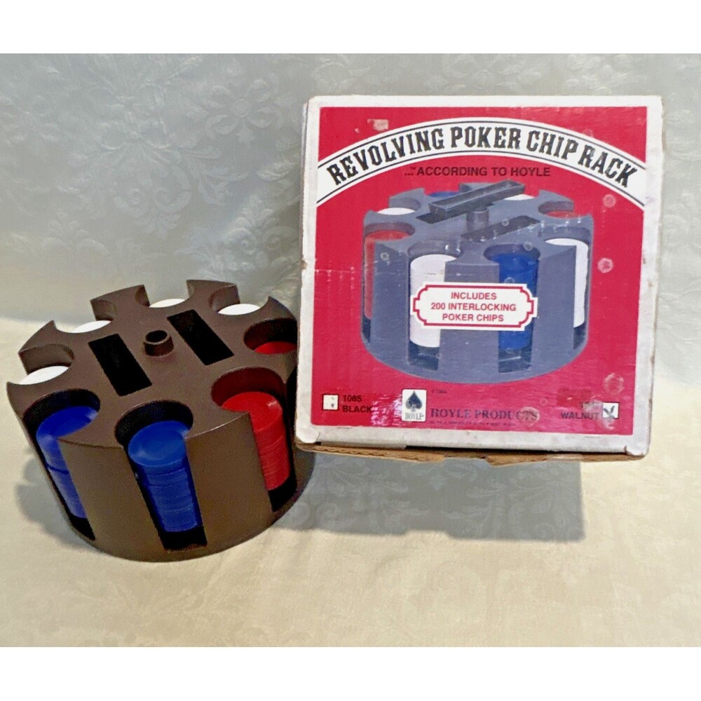 Vintage 1984 Hoyle Revolving Poker Chip Rack Walnut 1087 Box 199 Chips - READ